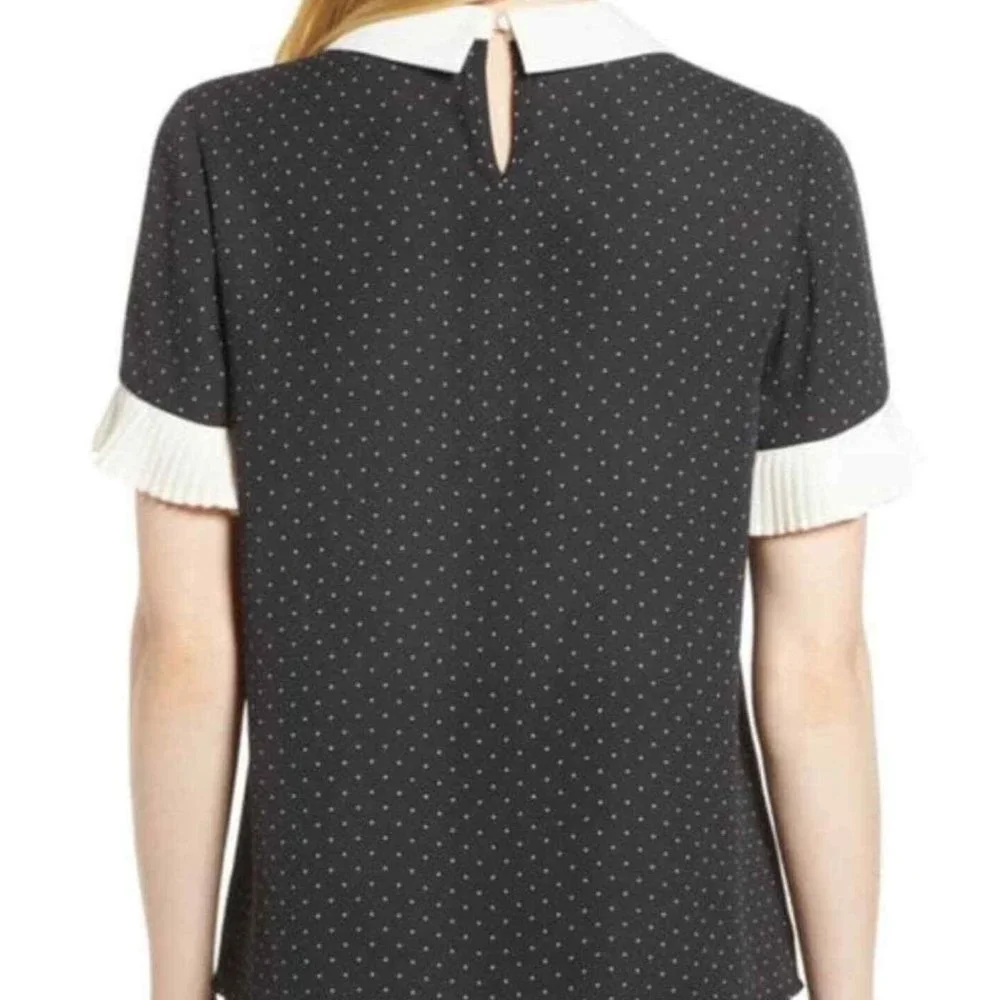 CeCe Womens Short Sleeve Polka Dot Collared Blouse Navy Blue White Size Medium - Picture 4 of 11